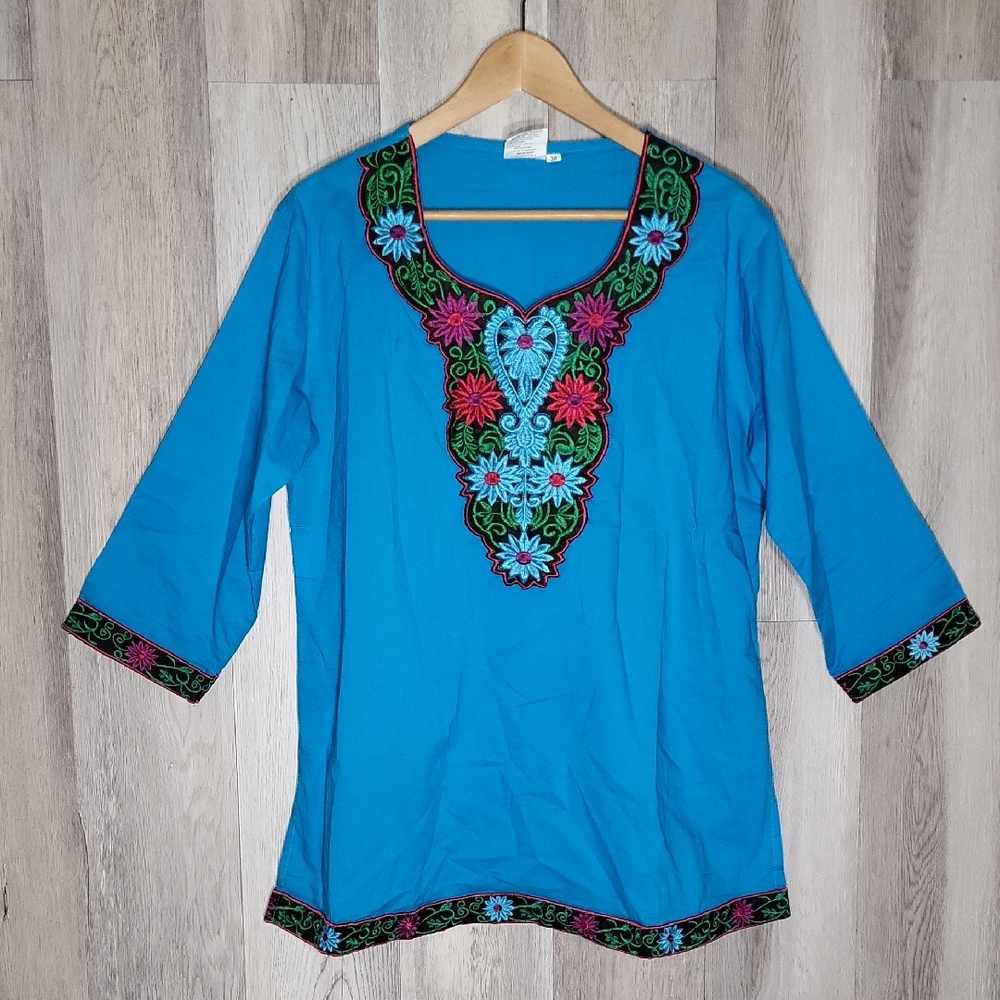 Asha Womens 36 Embroidered Blouse 3/4 Sleeve Cotton India‎ Floral Lightweight